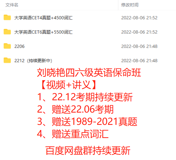 2022年12月考期刘晓艳四六级英语保命班网课百度网盘视频+讲义